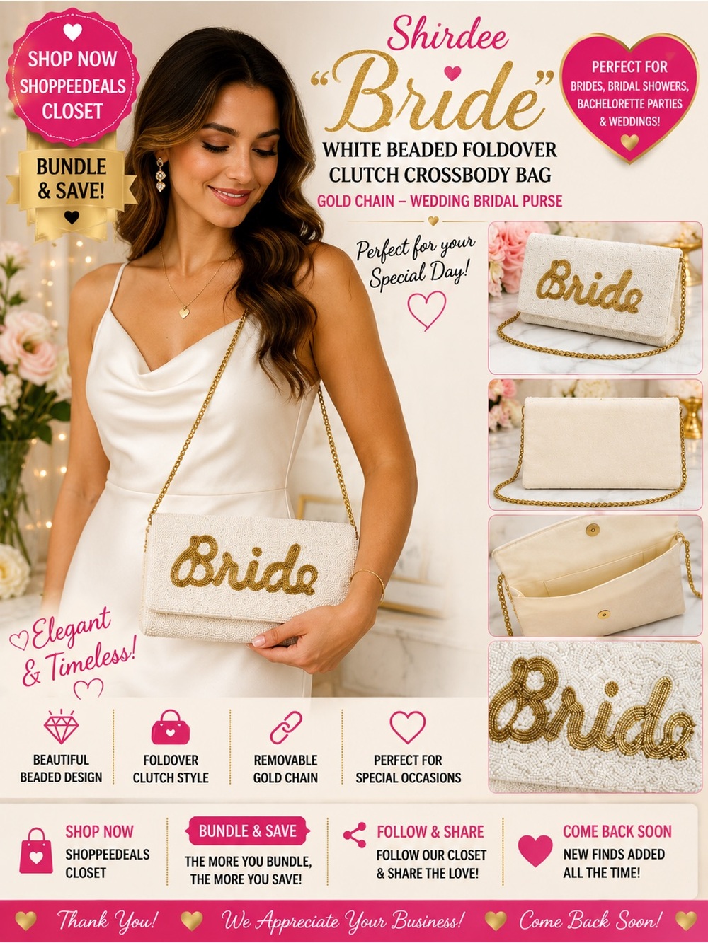 Shirdee “Bride” White Beaded Foldover Clutch Crossbody Bag – Gold Chain